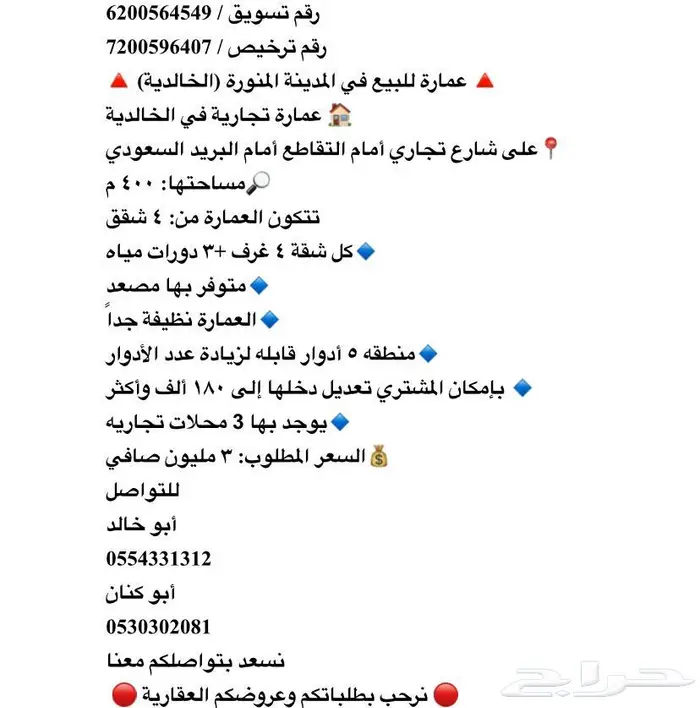 للبيع عمارة تجارية الخالدية امام الحديقة 0