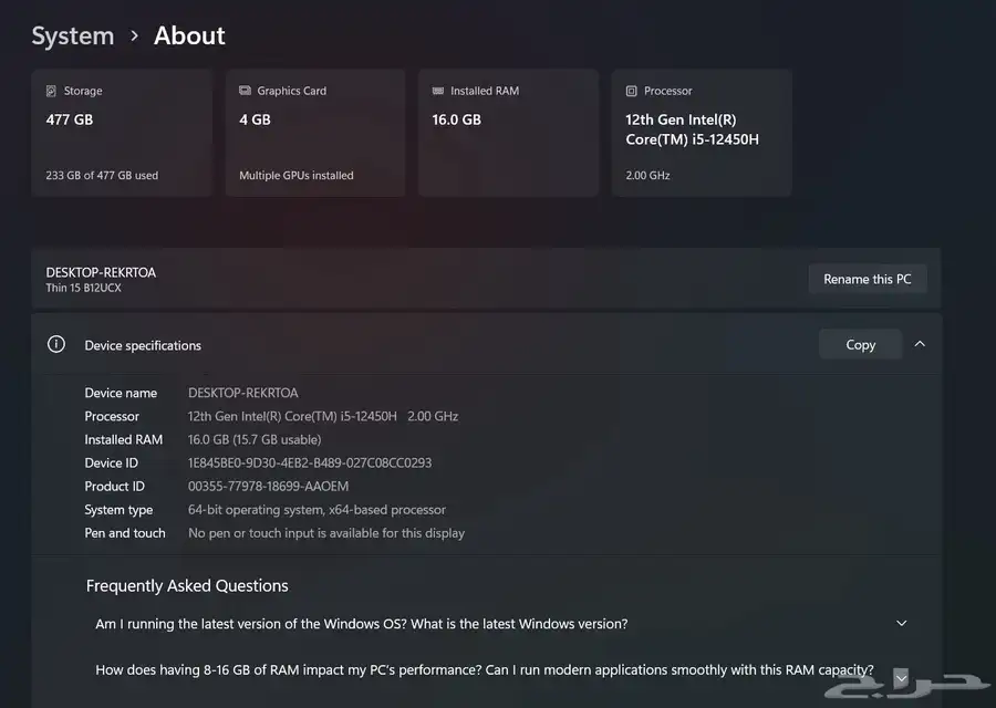 لاب توب العاب تردد شاشه 144 جيل 12 اي فايف Rtx2025 Msi 4