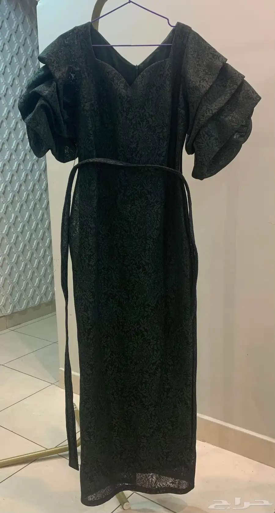 فستان مناسبات جميل اخضر زيتي دانتيل 0