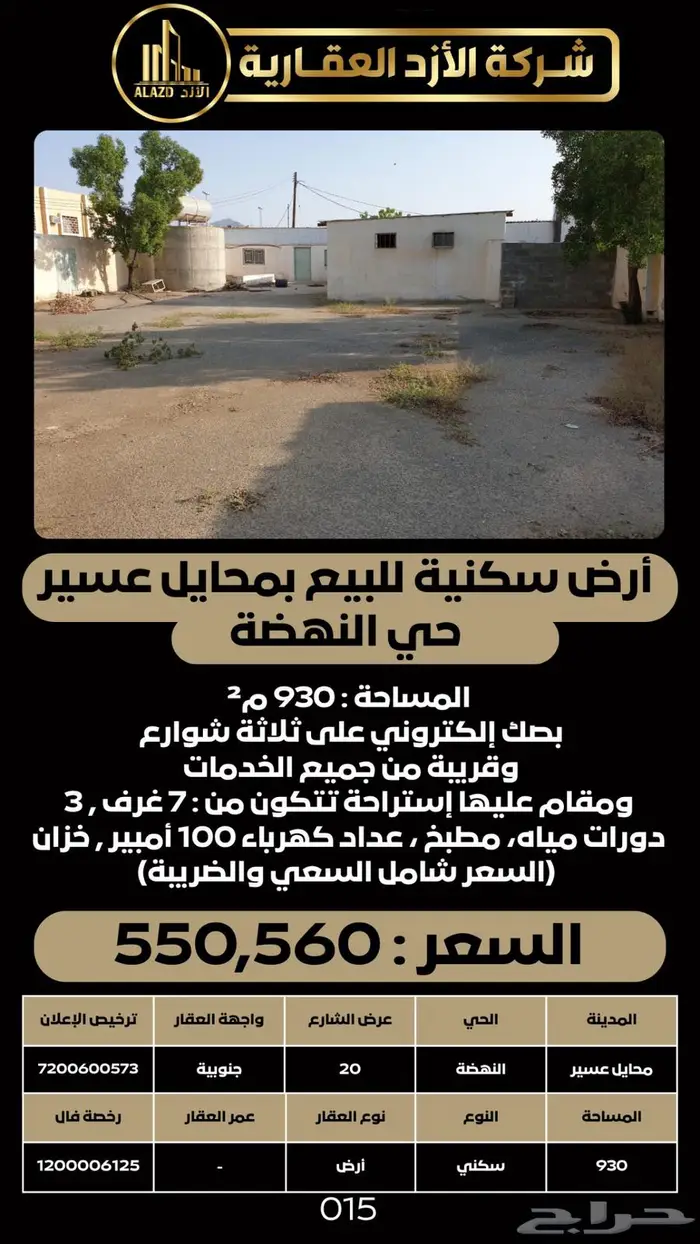 أرض سكنية للبيع بمحايل عسير حي النهضة 1
