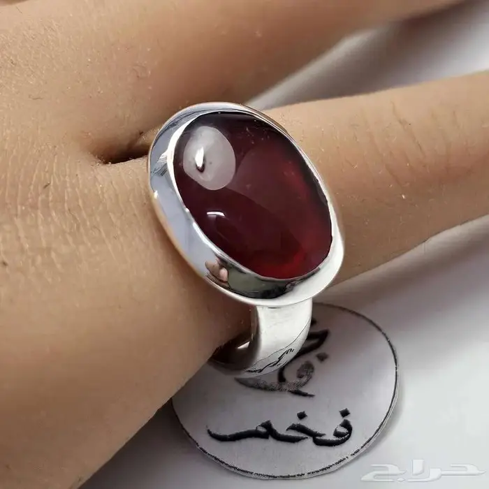 خاتم ملكي فضه فخم حجر عقيق يماني طبيعي احمر فيمتو شفافيه 0