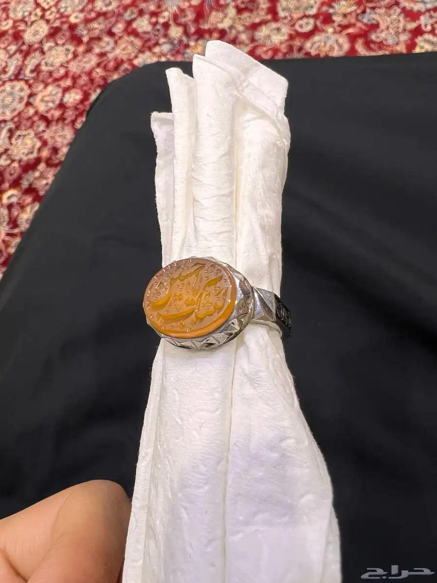 خاتم عقيق يماني مشمشي منقوش (لبيك يا حسين) جديد فضة ثقيل 3