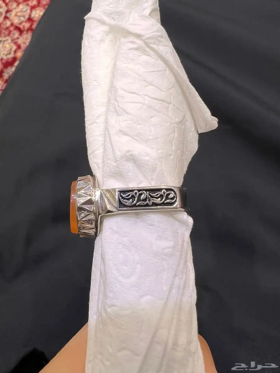 خاتم عقيق يماني مشمشي منقوش (لبيك يا حسين) جديد فضة ثقيل 5