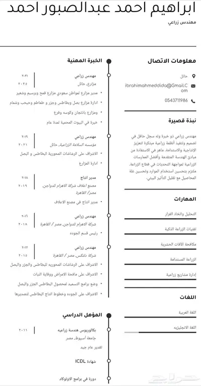مهندس زراعي خبره 6 سنوات في مجال الخضرة والقمح والاعلاق 0