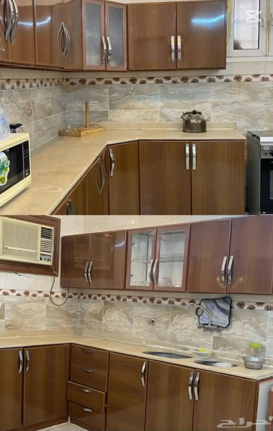 دولاب مطبخ نظيف اخو الجديد الرخام بيج والأدراج خشبي جميل 0