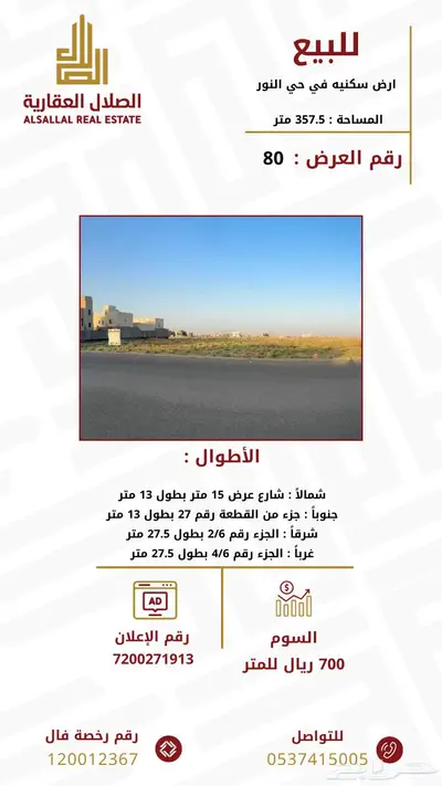 للبيع قطع سكنية شمال مدينة بريدة بحي النور 1