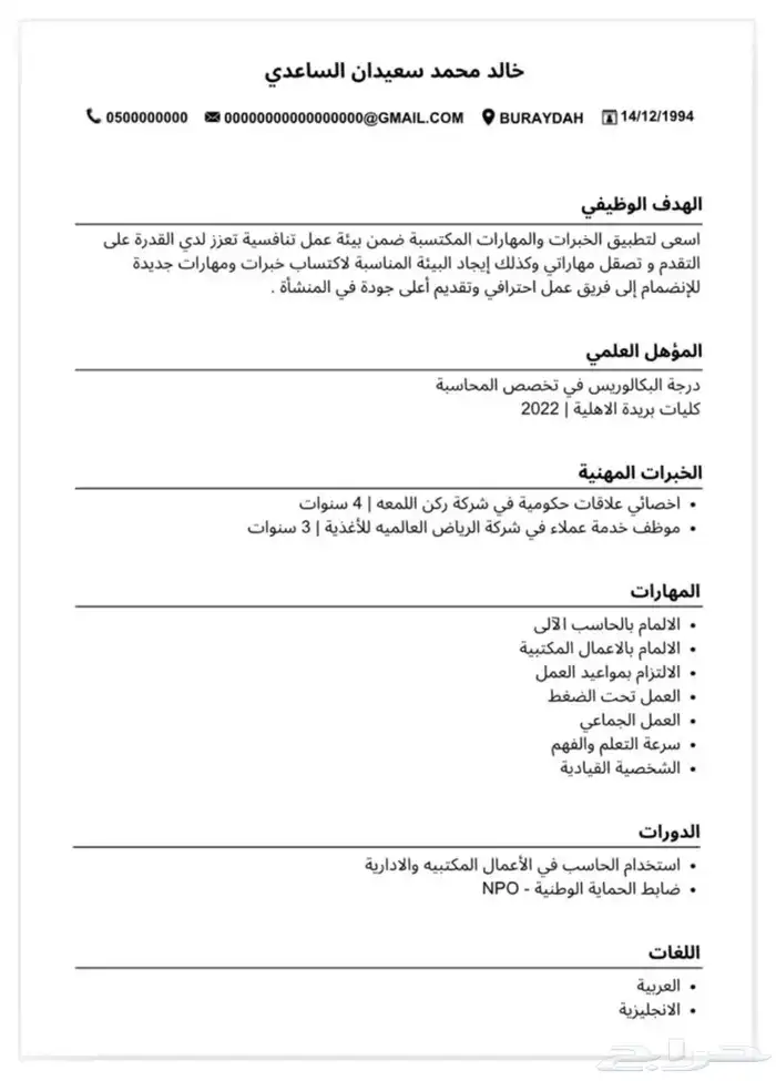 سيرة ذاتية إحترافية بصيغة ATS 0