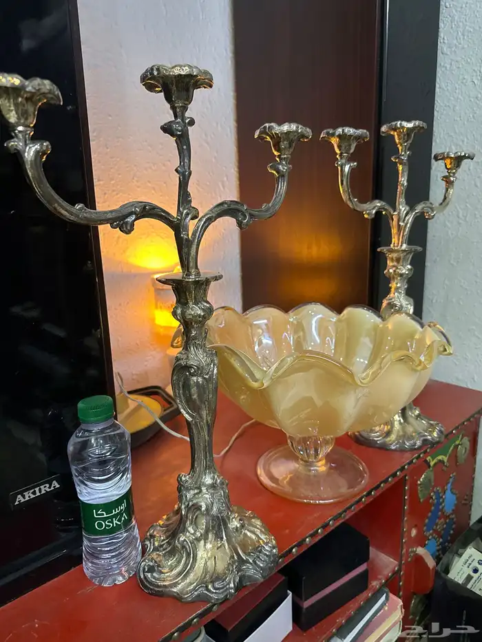 شمعدان ايطالي فخم نحاس مطلي فضه عدد 2 ومزهريه 15