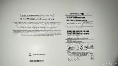 MacBook Air 13.6 إنش   شريحة M3   24GB RAM   512GB SSD 1