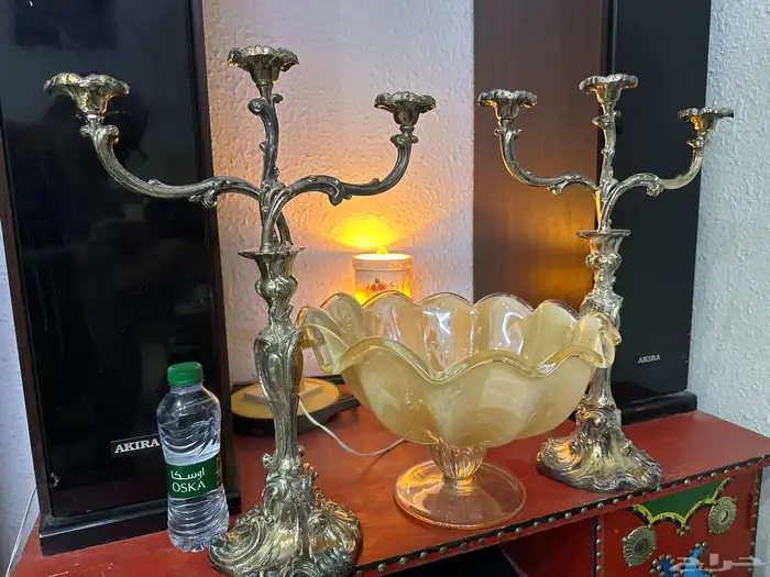 شمعدان ايطالي فخم نحاس مطلي فضه عدد 2 ومزهريه 14