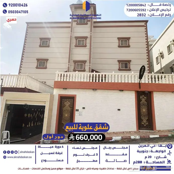 شقق علوية للبيع ابها حي مدينة سلطان _ المحالة 0