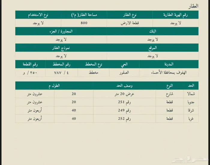 ارض للبيع هجر الاحساء مساحة 800 مخطط الصقور 3