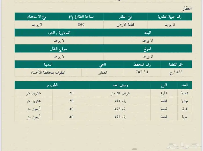 ارض للبيع هجر الاحساء مساحة 800 مخطط الصقور 2