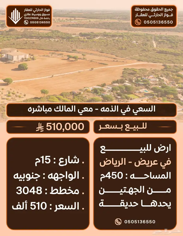ارض في حي عريض الرياض مساحة 450م يحدها من الجهتين حديقه 0