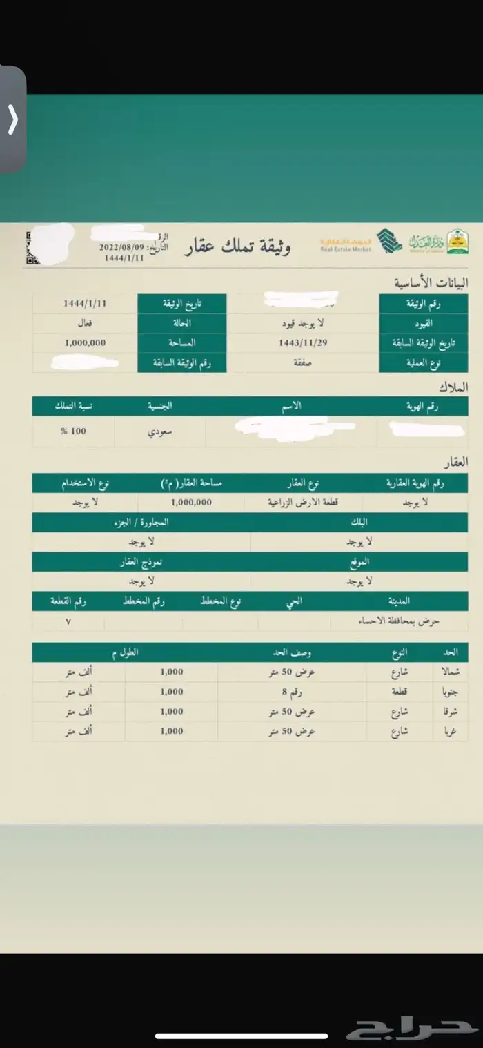 للاستثمار للبيع ارض زراعية في حرض على 3 شوارع 0