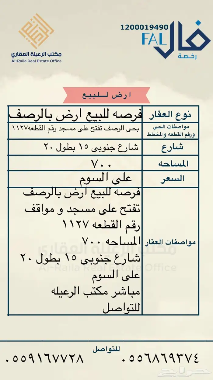 فرصه للبيع ارض بحى الرصف 0
