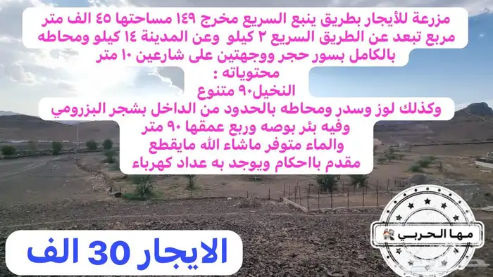 مزرعة للايجار بعد حمراء الاسد ب30 الف سعر ممتاز 0