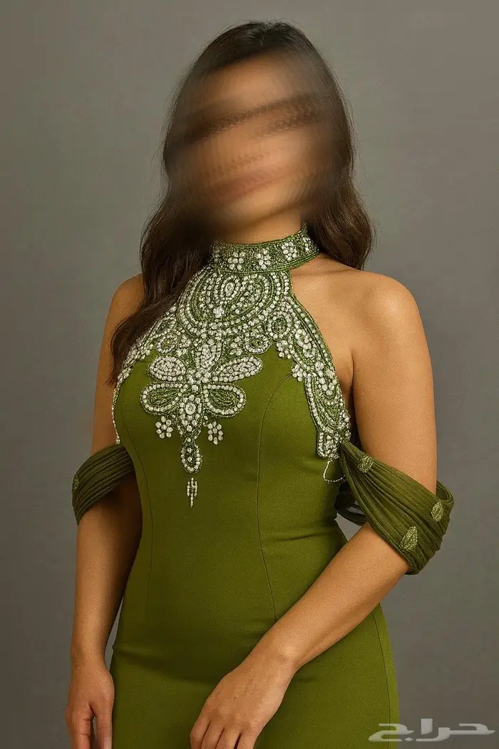 فستان سهرة اخضر زيتي فخم 0