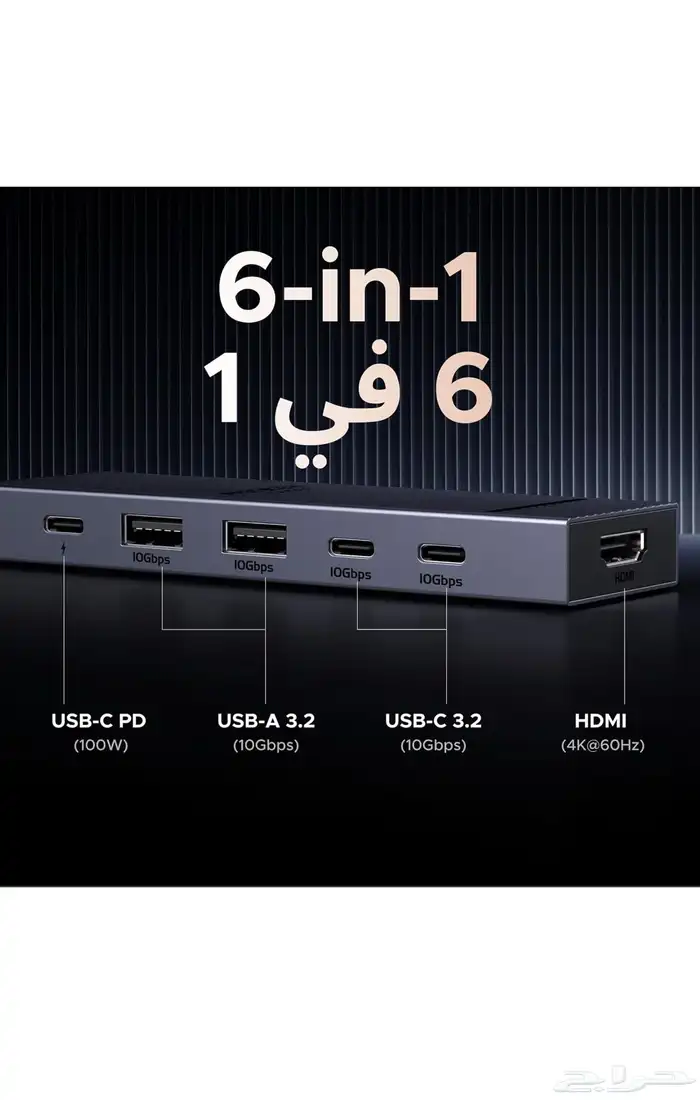 موزع UGREEN 6 في 1 مع شحن 100 واط و HDMI 4K 3
