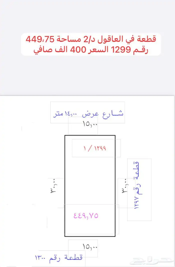 قطعه سكنيه بالعاقول واجه15 7