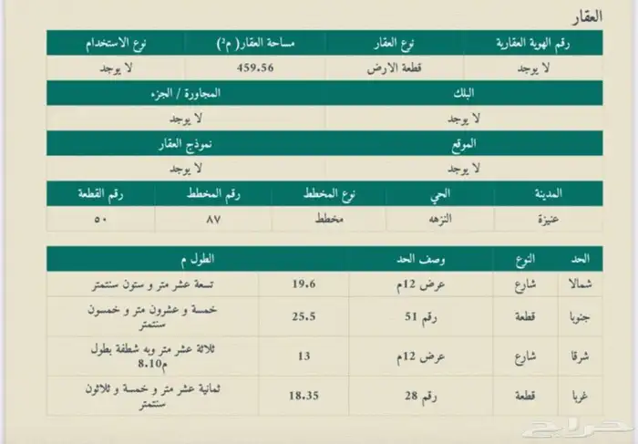 أرض سكنية عنيزة النزهة مساحة 459 م 0