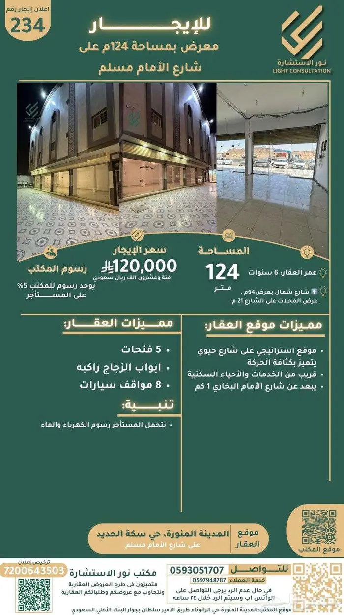 للايجار معرض بمساحة 124م على شارع( الأمام مسلم ) 0