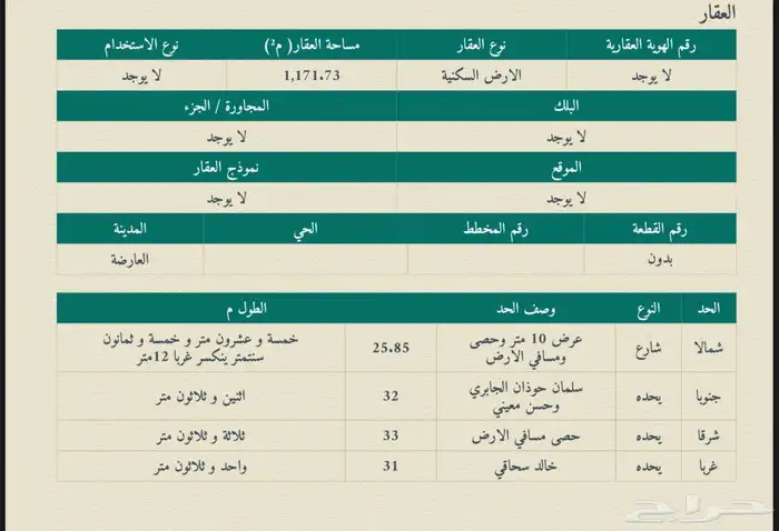 ارض للبيع بالعارضة 1172 متر بصك 0
