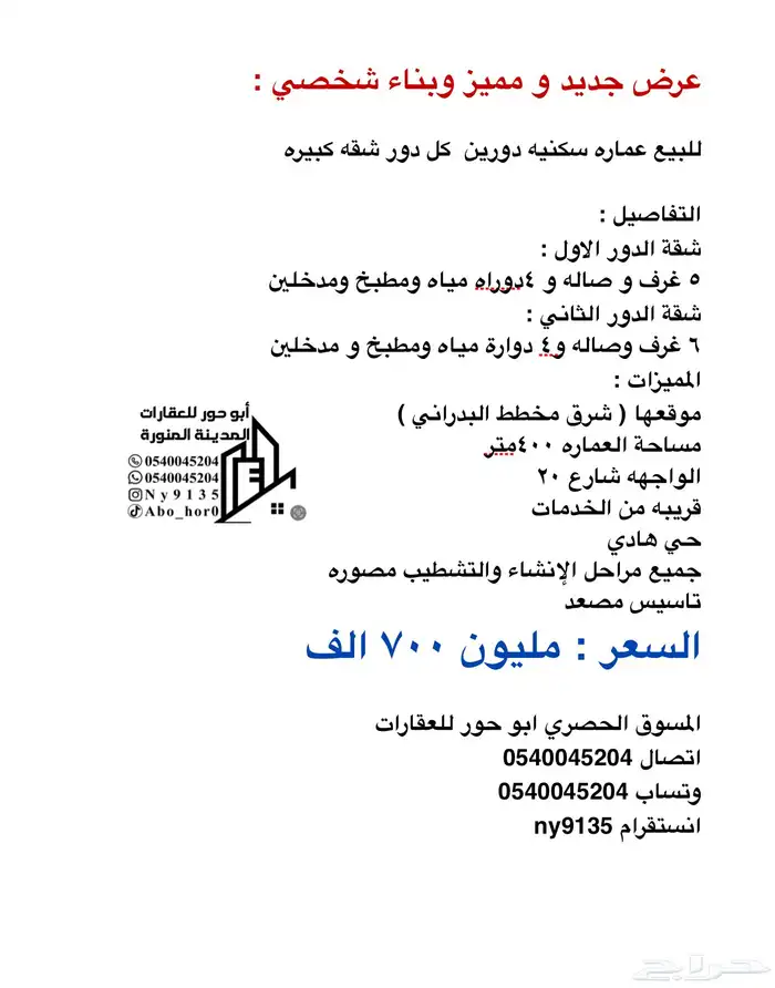 للبيع عماره سكنيه شرق مخطط البدراني بناء شخصي 21