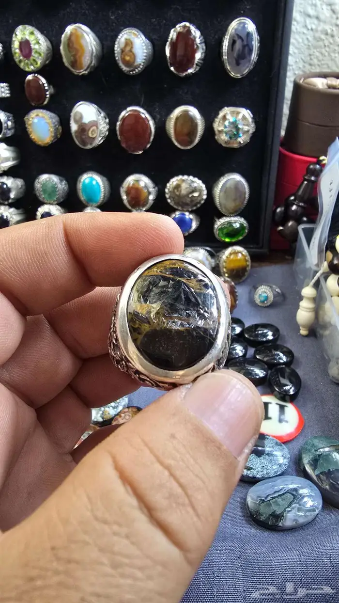 خاتم عقيق يماني اسود مزعفر ماشاءالله تبارك الرحمن 2