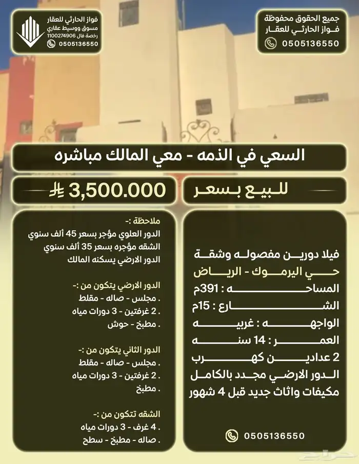 فيلا دورين مفصوله وشقة حي اليرموك الرياض مساحة 391م 0