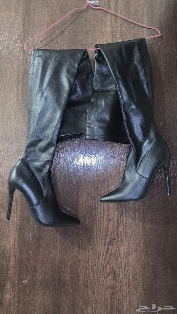 Faux leather coat jacket and thigh high heels 1