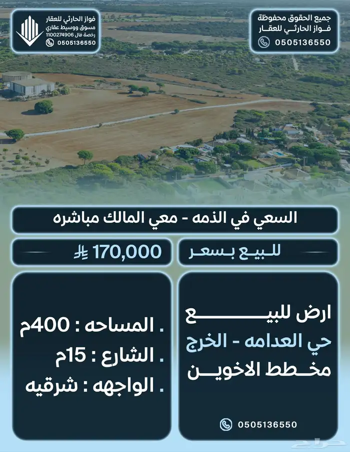 ارض للبيع مخطط الاخوين الخرج المساحه 400م السعر 170 ألف 0
