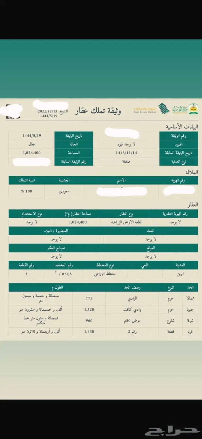 للبيع ارض زراعية الرين المساحه مليون ونص 1