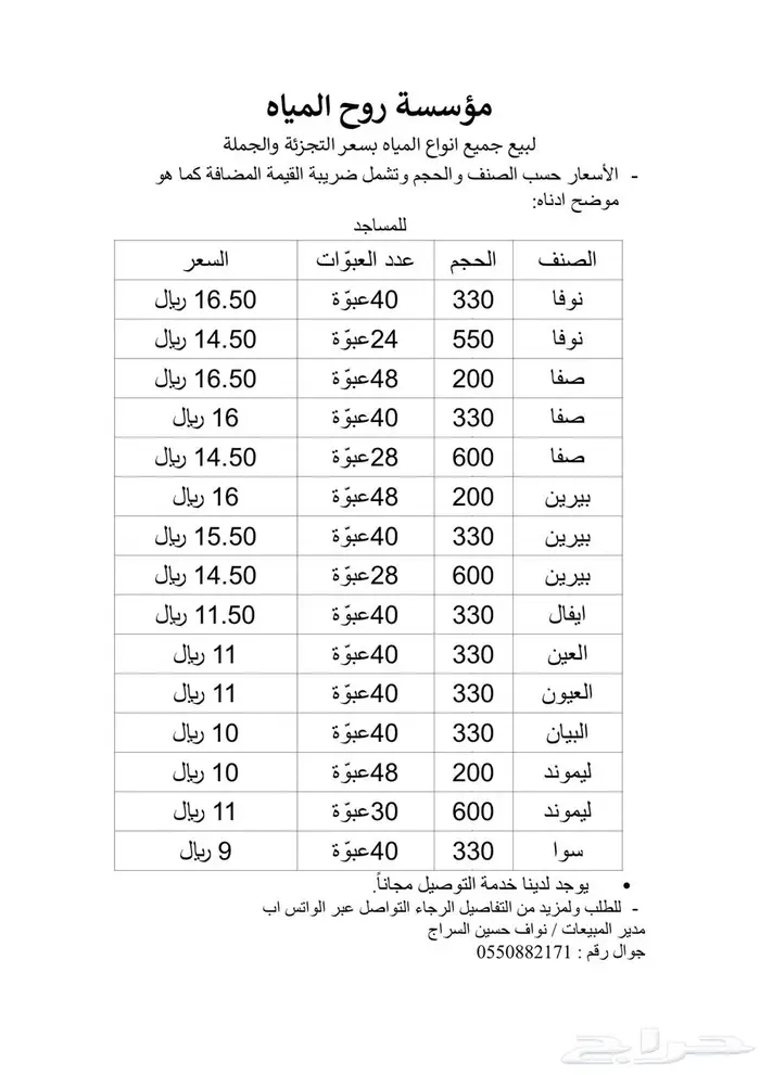 مؤسسة روح المياه لبيع انواع المياه بسعر الجملة والتجزئة 2