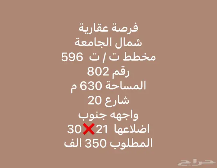 فرصة عقارية للبيع أرض شمال الجامعة مساحة 630 أضلاع متساويه 0
