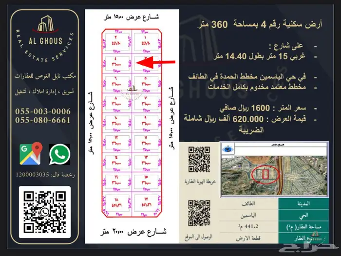 ارض سكنية للبيع بمساحة 360 متر في حي الياسمين مخطط الحمدة 0