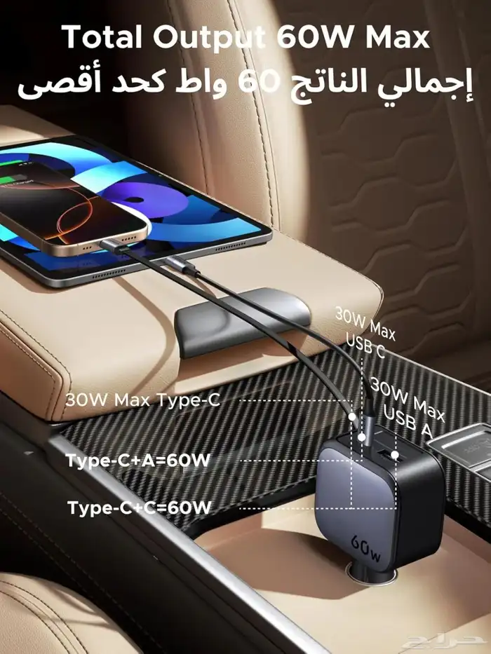 شاحن سيارة يوجرين 60 واط قابل للسحب متعدد المنافذ 4