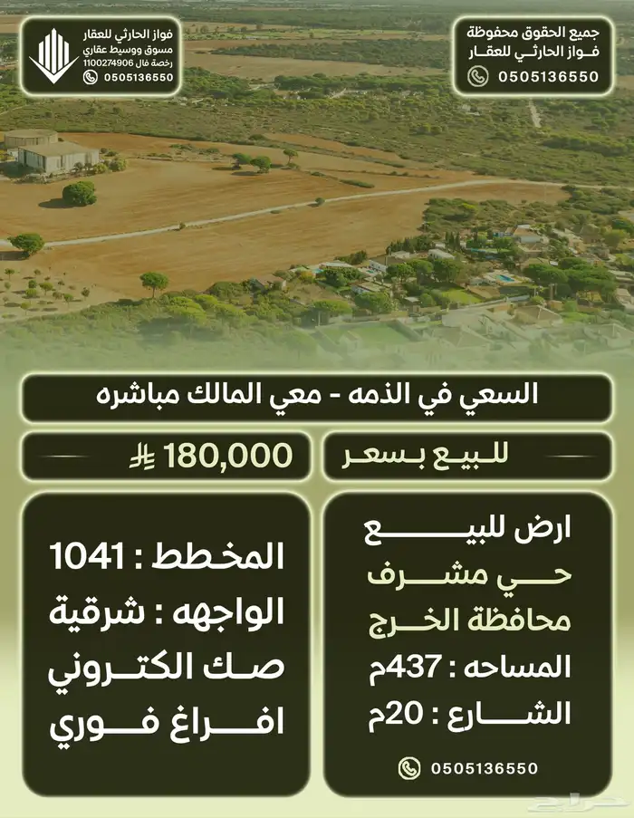 ارض في حي مشرف بمحافظة الخرج 437متر شارع20 البيع 180 ألف 0