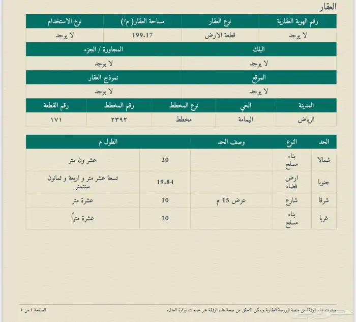 للبيع ارض بحي اليمامه 199 متر شارع عرض 15 شرقي 0