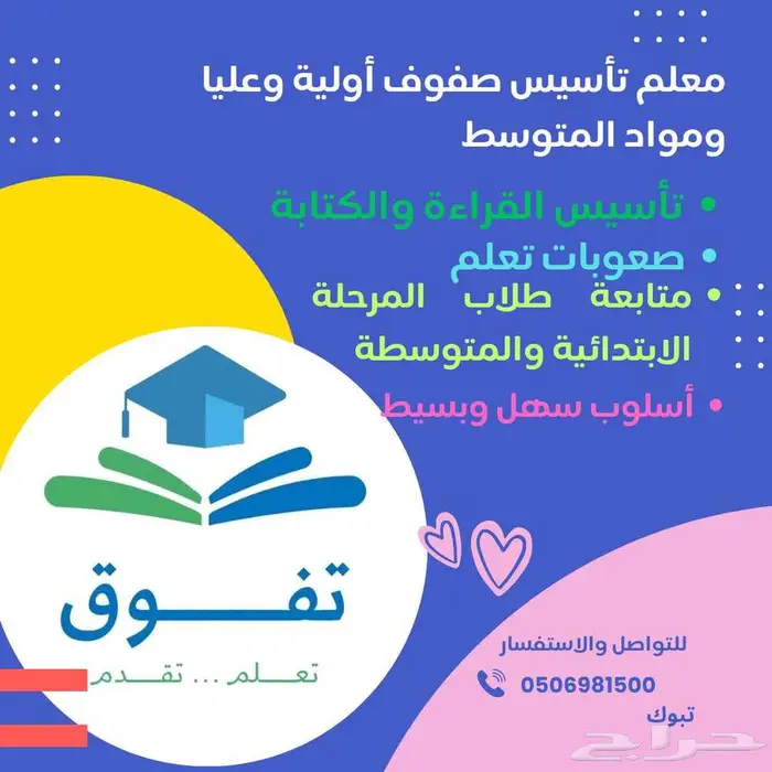 معلم تأسيس صفوف أولية وعليا ومواد المتوسط 0