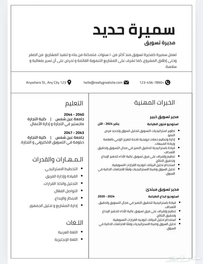 سيرة ذاتية باللغة العربية بنظام AST 0
