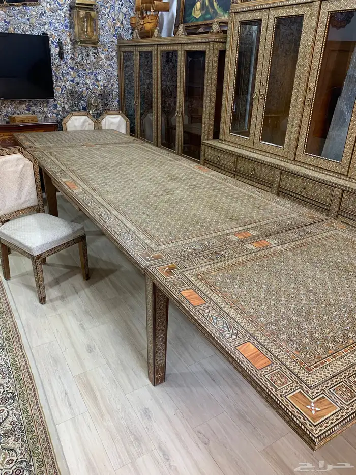 طاولة طعام دمشقي موزاييك مطعم بالصدف انتيك وقطعتين فاترينا 6