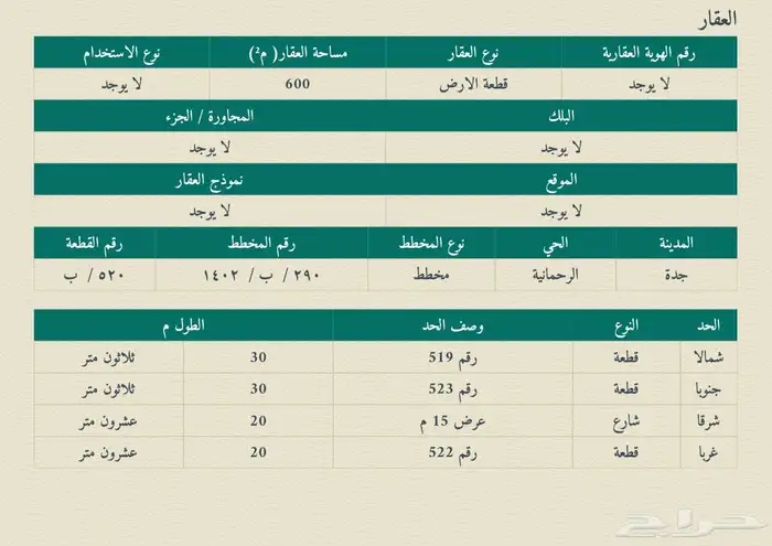 للبيع ارض في جدة في حي الرحمانية 1