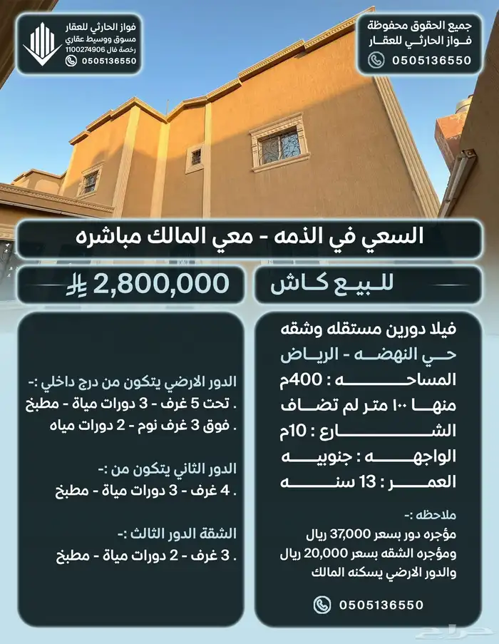 فيلا دورين مستقله وشقه للبيع حي النهضه الرياض 0