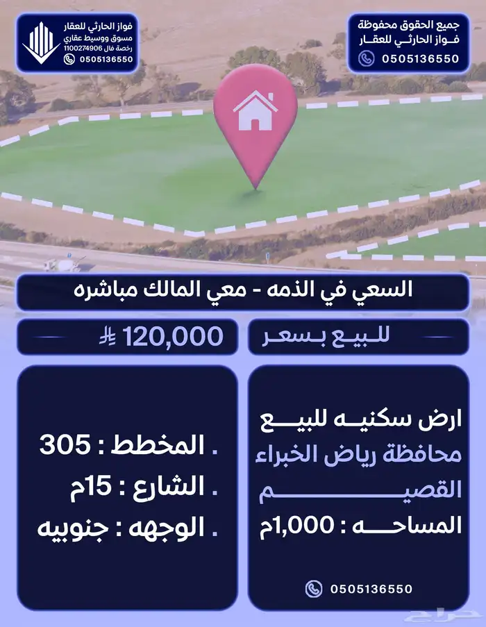 ارض سكنيه في القصيم رياض الخبراء المخطط 305 المساحه 1000م 0