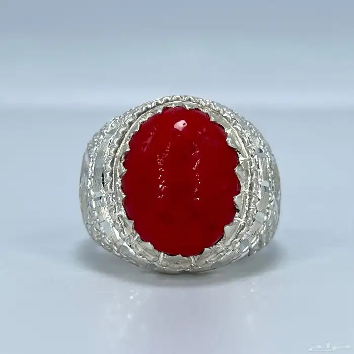 خاتم فضة رجالي بحجر مرجان احمر طبيعي 1