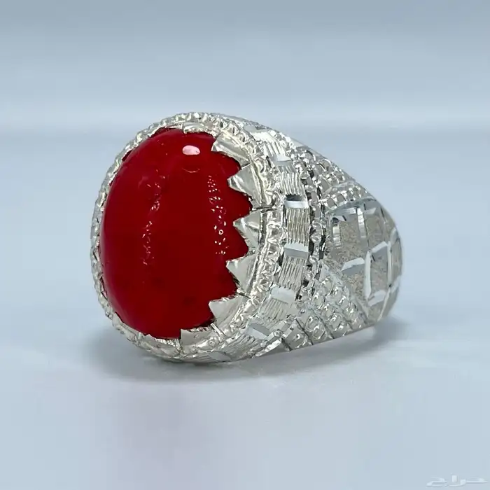 خاتم فضة رجالي بحجر مرجان احمر طبيعي 0