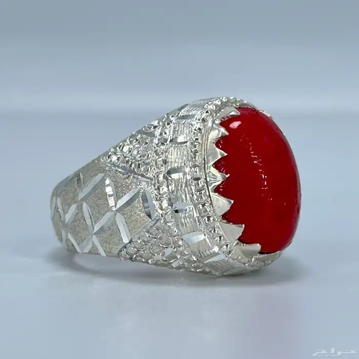 خاتم فضة رجالي بحجر مرجان احمر طبيعي 2