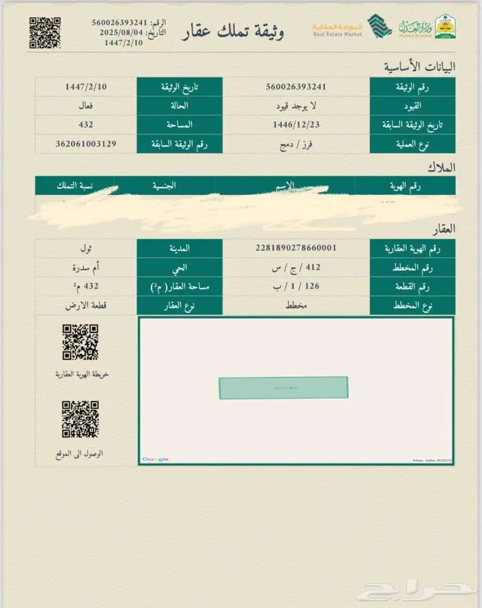 ارض للبيع مساحتها 864 في ثول ( نطاق اخضر ) 1