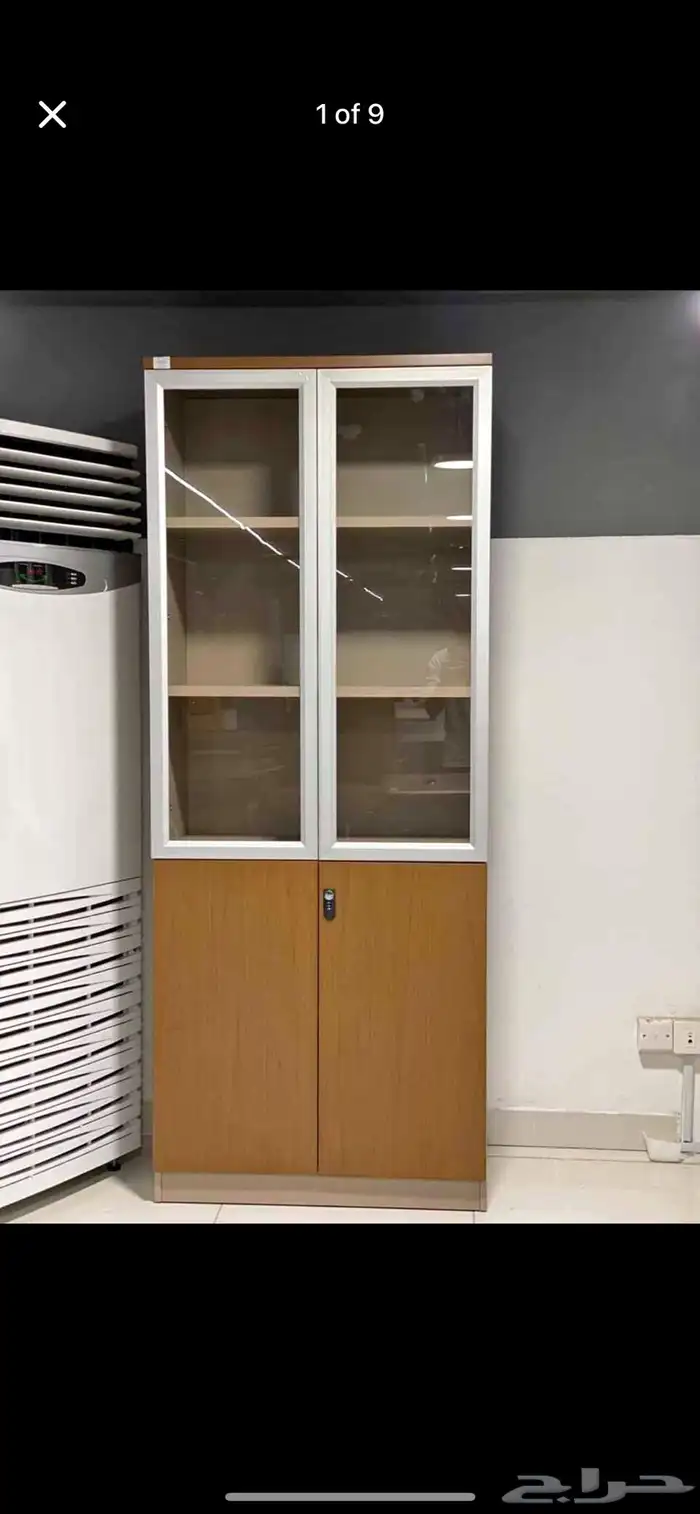 دولاب تخزين مكتبي خشبي بأبواب زجاجية وقفل 21